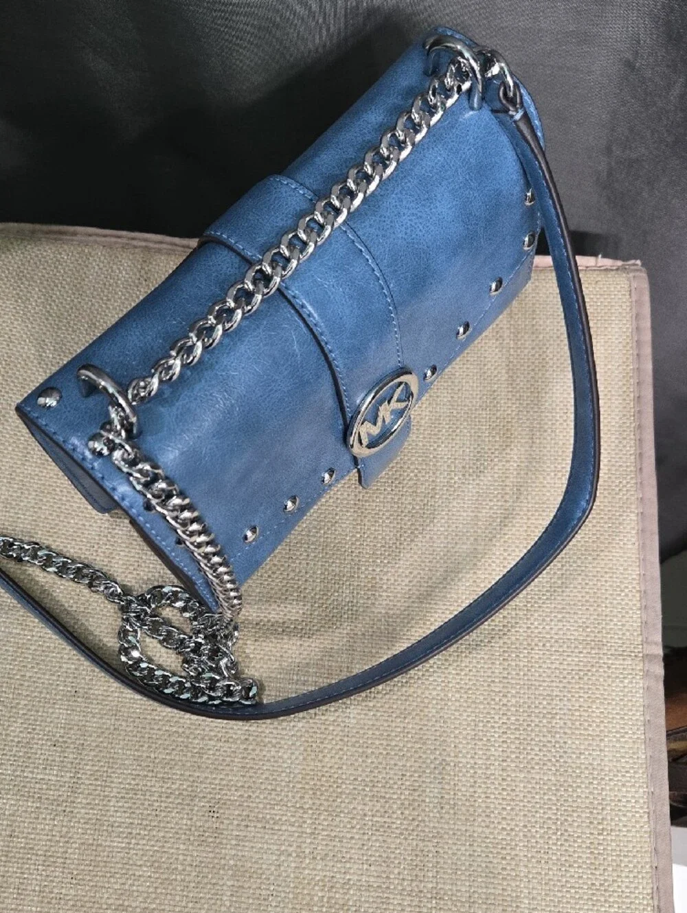 Michael Kors Sky Blue Studded Leather Chain Crossbody